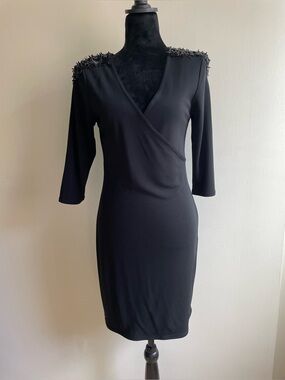 Rachel Rachel Roy Black Faux Wrap Sheath Dress Sequin Shoulder 3/4 Sleeve Size L